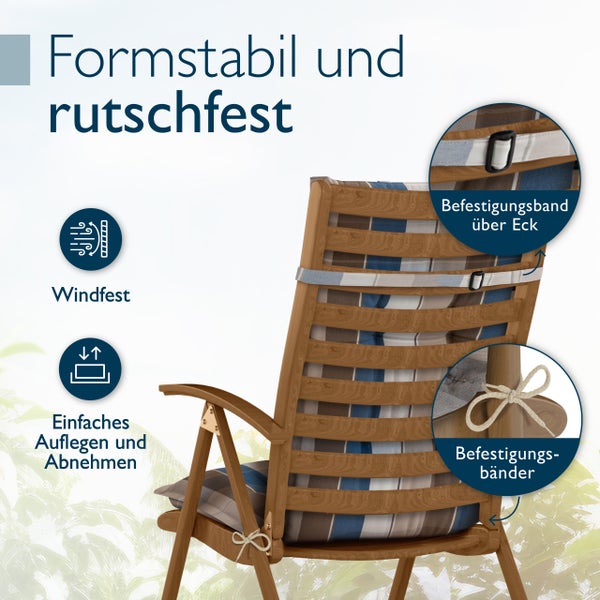 Formstabile und rutschfeste Gartenstuhl-Auflage auf Holzstuhl mit Befestigungsbändern und Eckband, windfest und einfach anzubringen.
