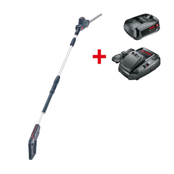 AL-KO Akku-Teleskop-Heckenschere Set mit 18 Volt Akku, 2,5 Amperestunden und Ladegerät.