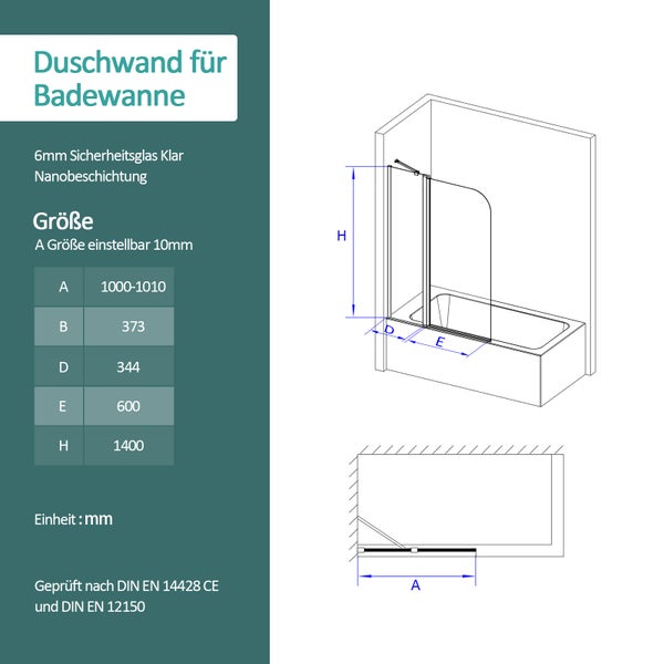 Technische Zeichnung einer Badewannen-Duschwand mit Maßangaben