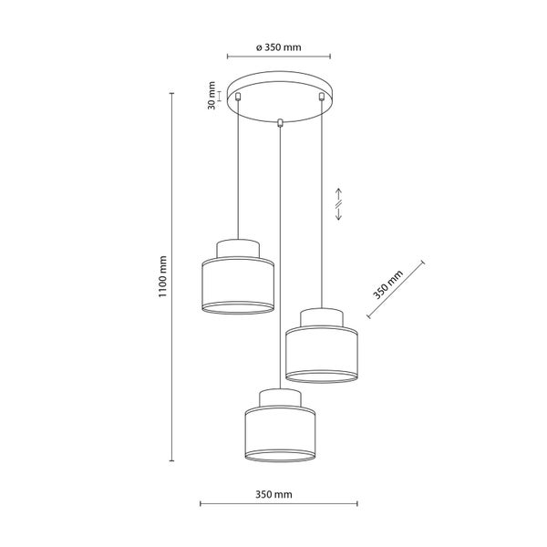 Technische Zeichnung einer Pendelleuchte mit drei Leuchten und den Maßen 350 mm Durchmesser, 1100 mm Länge und 30 mm Höhe.