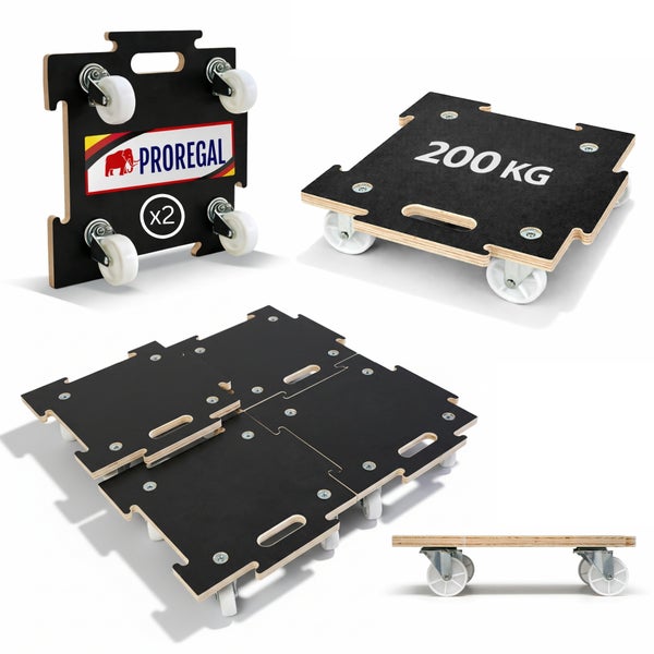 Zwei PROREGAL Transportroller aus Holz mit 200 Kilogramm Tragkraft, Antirutschbeschichtung, Tragegriff und koppelbarem Puzzle-Design.
