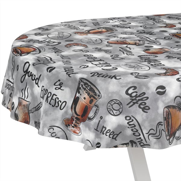 Runde Tischdecke mit Kaffeemotiven wie Tassen, Bohnen, Gebäck und Schriftzügen.