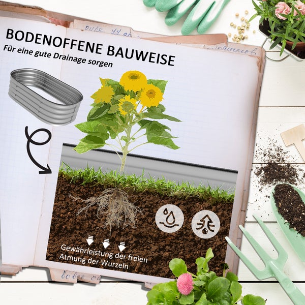 Outsunny Hochbeet Metall, Pflanzkasten, Gemüsebeet, DIY Blumenkasten mit offenem Boden, Kräuterbeet für Garten, Balkon, Silber 105 x 62 x 30 cm