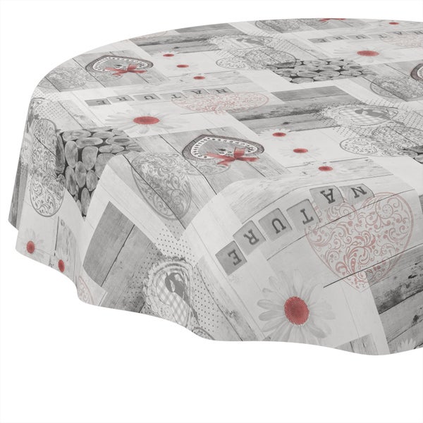 Rundes Tischtuch mit Patchwork-Muster aus Holzoptik, Herzen, Blumen und Schriftzug Nature.