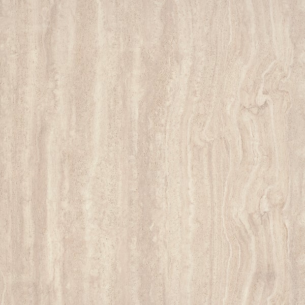Beige Fliese in Travertin-Optik mit natürlicher Aderung und strukturierter Oberfläche.