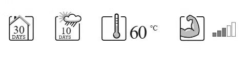 Piktogramme für Innenanwendung 30 Tage, Außenanwendung 10 Tage, Temperaturbeständigkeit 60 Grad Celsius und hohe Leistungsstärke.