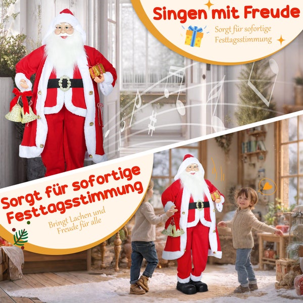 Singende und tanzende Weihnachtsmann-Figur in Lebensgröße mit Glocken und Geschenk, Kinder spielen in weihnachtlich dekoriertem Raum.