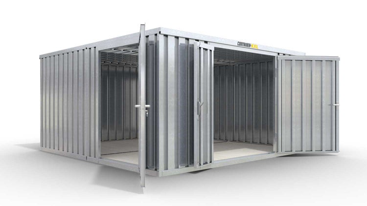 Lagercontainer Gerätehaus XL2  – 21 qm, H2150 x B5080 x T4340 mm, verzinkt, mit Holzfußboden, 1830 mm Doppelflügeltür mittig in Stirnseite und 1270 mm Einflügeltür mittig in Modul C, zerlegt