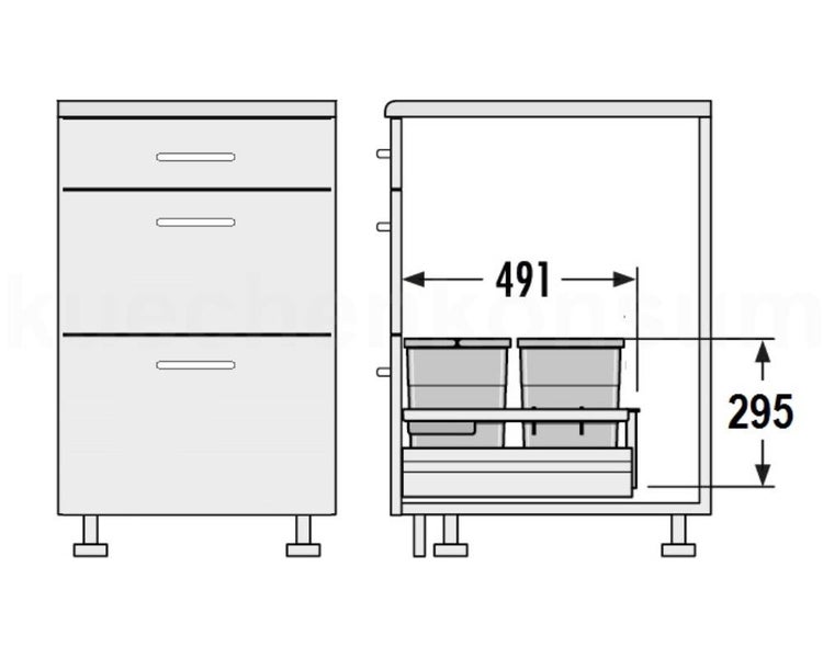 Maßzeichnung Küchenunterschrank mit drei Auszügen und integriertem Abfalltrennsystem, Maße 491 Millimeter und 295 Millimeter.