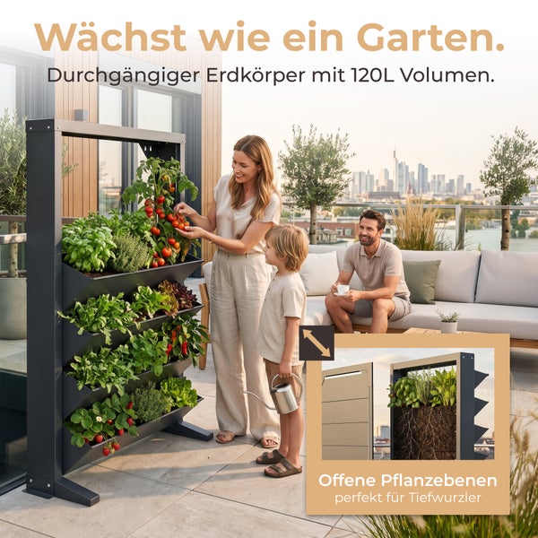 Vertikales Hochbeet mit 120 Liter Volumen, vier Pflanzebenen und durchgehendem Erdkörper auf einer Dachterrasse mit Familie.