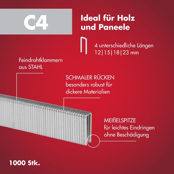Feindrahtklammern Typ C4 aus Stahl, 1000 Stück, ideal für Holz und Paneele, Längen 12 bis 23 Millimeter, schmaler Rücken und Meißelspitze.