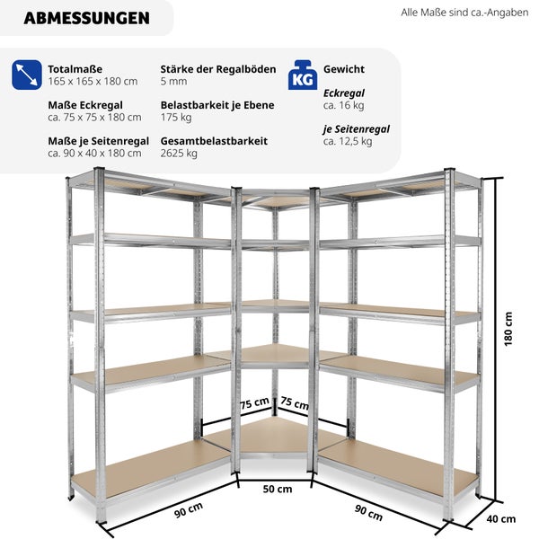 Schwerlastregalsystem tectake Gustav variable Montage im Stecksystem 3-teilig, 2 in 1 Verwendung als Werkbänke silber