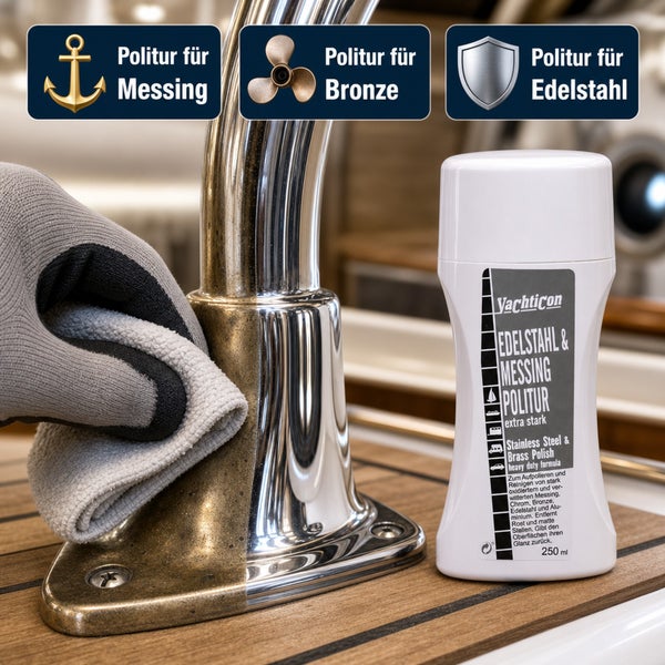 Yachticon Edelstahl und Messing Politur Flasche mit Anwendungssymbolen für verschiedene Metalle während der Reinigung einer Metalloberfläche.