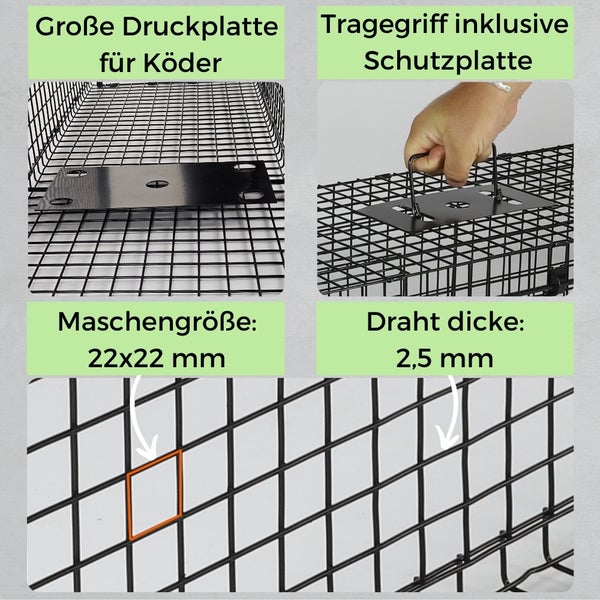 Detailansicht einer Lebendfalle: Köderplatte, Tragegriff mit Schutzplatte, Maschengröße 22 x 22 Millimeter, Drahtstärke 2,5 Millimeter