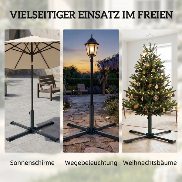 Metall-Kreuzfußständer für den vielseitigen Einsatz als Sonnenschirmständer, Garten-Lampenmast und Weihnachtsbaumständer im Innen- und Außenbereich.