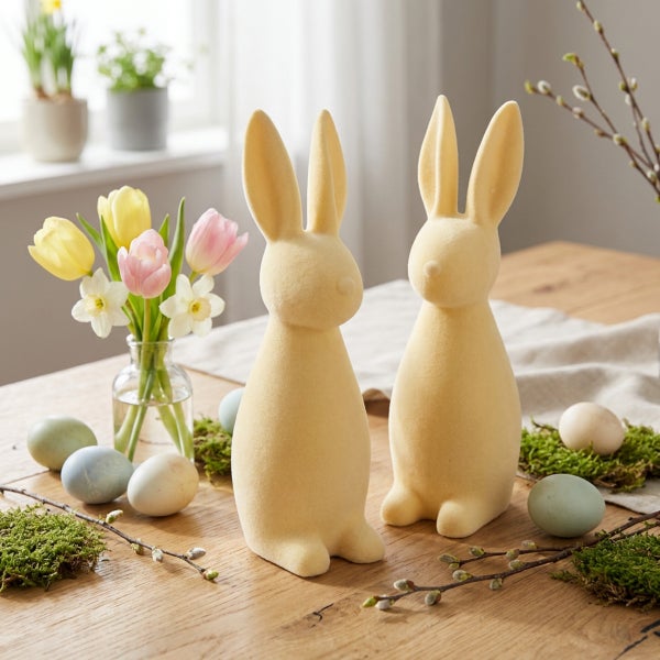 Zwei Osterhasen Figuren als Tischdekoration mit Frühlingsblumen und Ostereiern auf einem Holztisch.