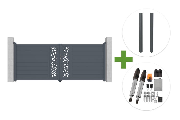 Doppelflügeltor mit lasergeschnittenem Dekor, inklusive zwei Pfosten und elektrischem Torantrieb-Set.