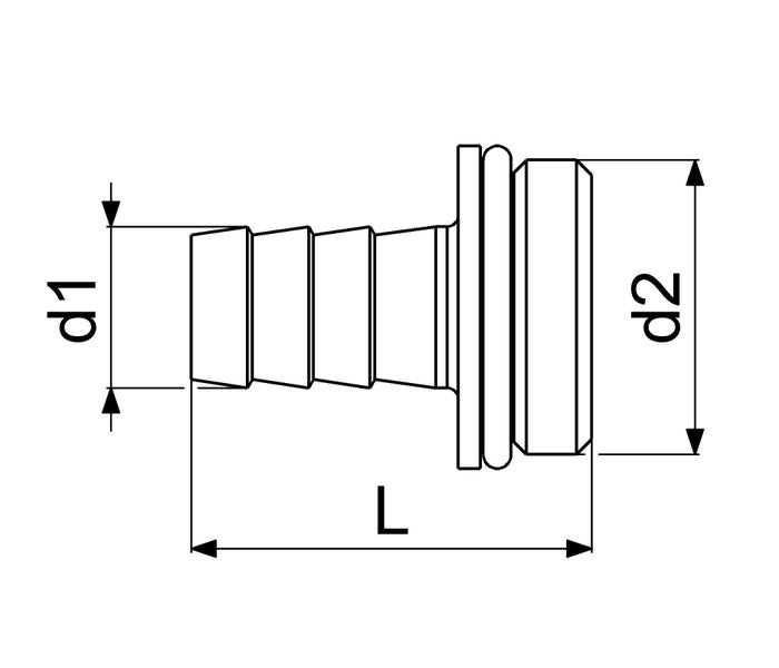 Technische Zeichnung eines Schlauchverbinders mit den Maßangaben d1, d2 und L.