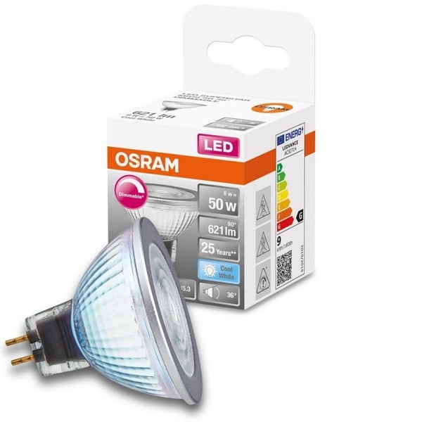 Osram LED Lampe ersetzt 50W Gu5.3 Reflektor - Mr16 in Transparent 8W 621lm 4000K dimmbar 1er Pack