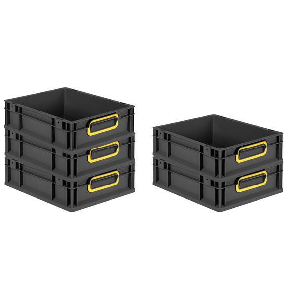 PROREGAL SparSet 5x Eurobox NextGen Color, HxBxT 12x30x40cm, 11 Liter, Griffe gelb geschlossen, Schwarz, Eurobehälter, Transportbox, Transportbehälter, Stapelbehälter
