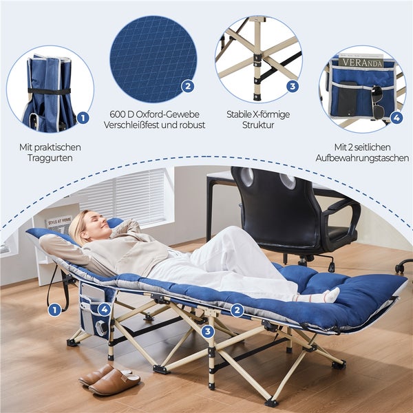 Feldbett mit Oxford-Gewebe, stabiler X-förmiger Struktur, Traggurten und seitlichen Aufbewahrungstaschen