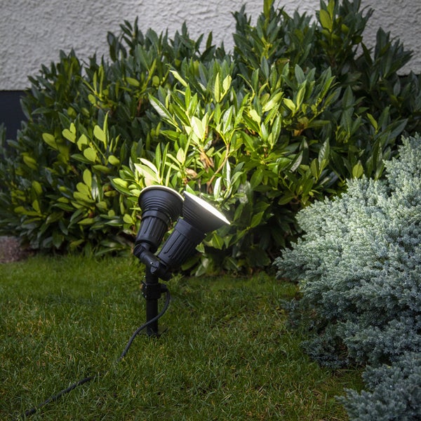 Garten mit zwei schwarzen Strahlern zwischen Pflanzen
