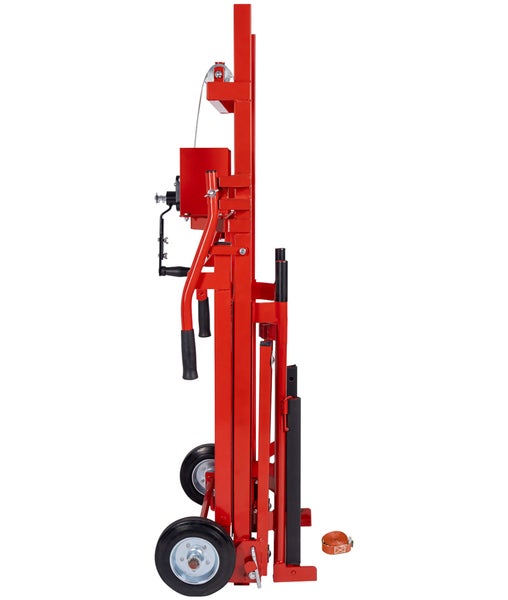 Manueller Heizkörperheber aus rotem Stahl mit Handwinde und Rädern, Seitenansicht.