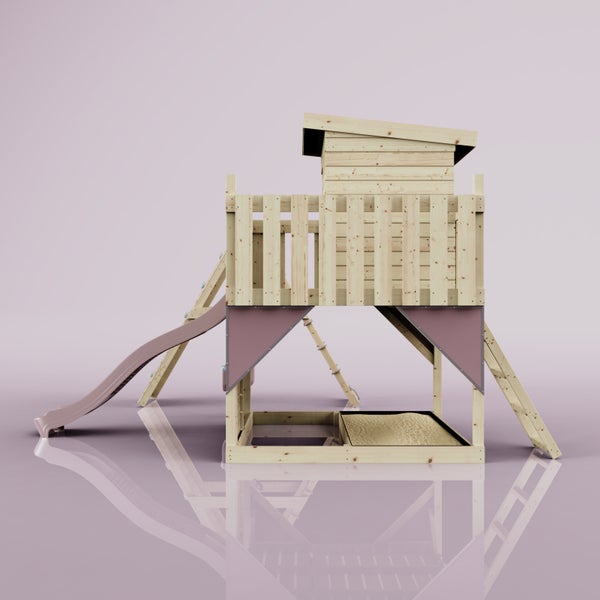 Spielturm aus Holz für Kinder mit Rutsche, Leiter, Spielhaus auf einer Plattform und integriertem Sandkasten am Boden.