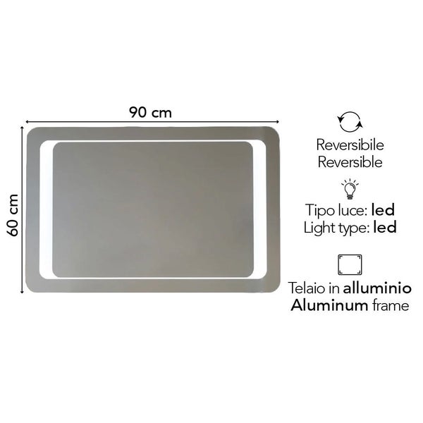 LED-Badspiegel mit Aluminiumrahmen, 90 mal 60 Zentimeter, reversibel montierbar.