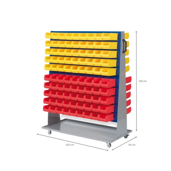 PROREGAL ProfiDrop Systemwagen auf Rollen mit Blauen Systemplatten und 180 x Rote und Gelbe Sichtlagerbox 2.0 HxBxT 130 x 100 x 50 cm