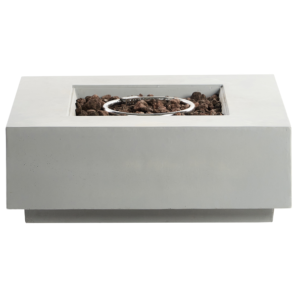 Quadratische Gas-Feuerstelle aus Beton mit rundem Edelstahlbrenner in der Mitte.