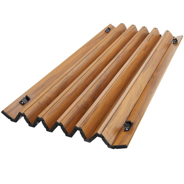 Gekantete Sichtschutzlamelle für Gittermattenzäune in Holzoptik mit Befestigungsclips.