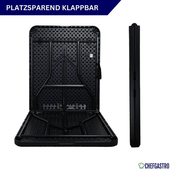 Klappbarer schwarzer Buffettisch für bis zu acht Personen mit stabilen Metallbeinen und ChefGastro Logo.