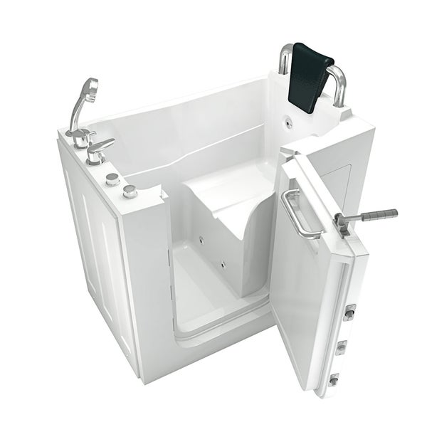 Sitzbadewanne mit Tür, integriertem Sitz, Kopfstütze und Handbrause.
