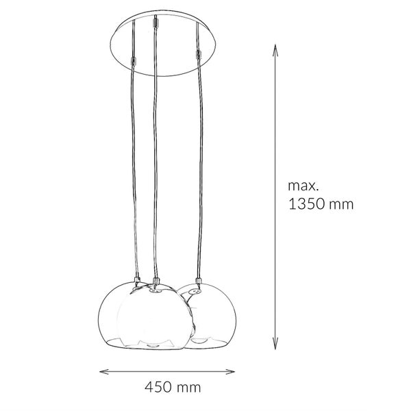 Zeichnung einer Pendelleuchte mit drei Leuchten und den Maßen 450 mm Breite und maximal 1350 mm Höhe