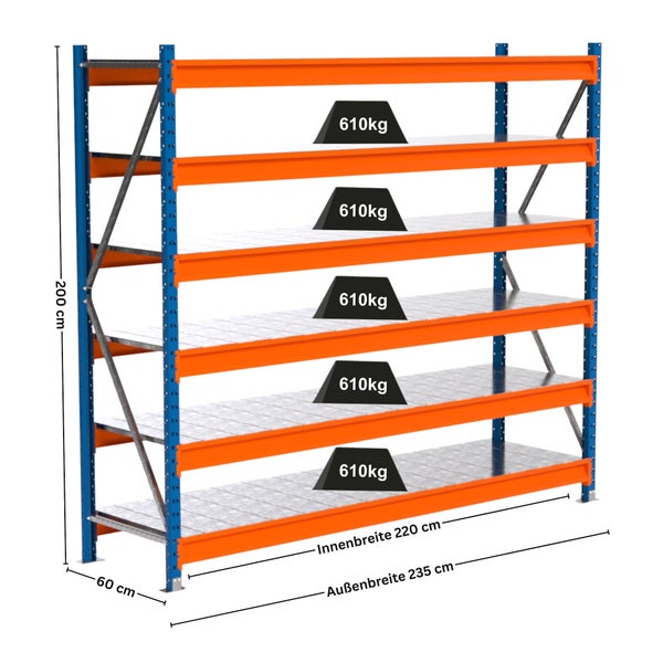 Blaues und oranges Schwerlastregal mit fünf Ebenen und Gewichtsangabe