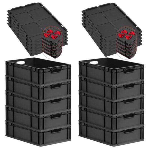 PROREGAL SparSet 10x Eurobox NextGen Grip mit Auflagedeckel inkl. 4 roten Schiebeschnappverschlüssen, HxBxT 17x40x60cm, 34 Liter, Schwarz, Griffe offen, Eurobehälter, Transportbox, Transportbehälter, Stapelbehälter