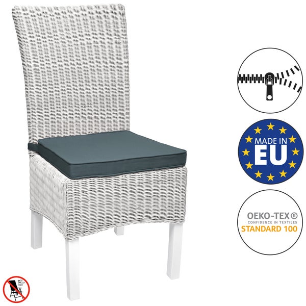 Sitzkissen auf einem geflochtenen Esszimmerstuhl, abnehmbarer Bezug, hergestellt in der Europäischen Union, Oeko-Tex Standard 100.