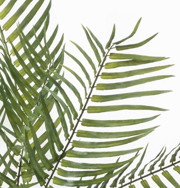 Künstliche Farnpflanze mit grünen Wedeln und zentralem Stiel.