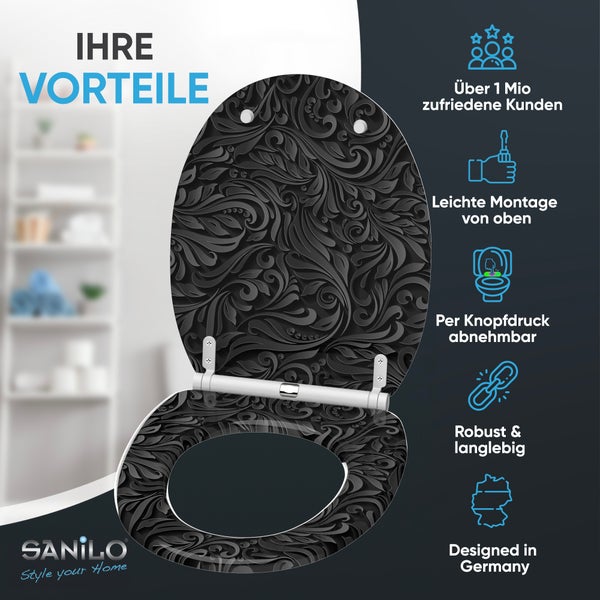 Toilettensitz mit floralem Muster, einfache Montage von oben, per Knopfdruck abnehmbar, robust und langlebig, Sanilo Logo.