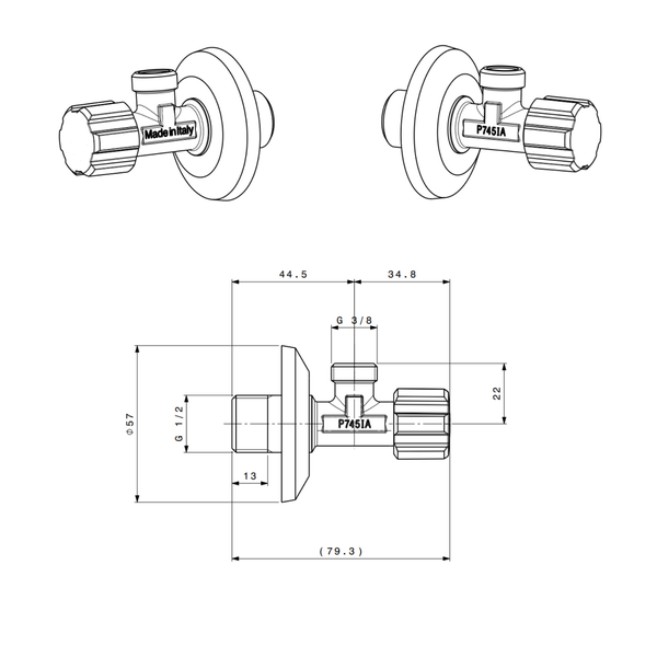 Eckventil mit sechseckigem Griff-1/2 x 3/8 Anschlüsse