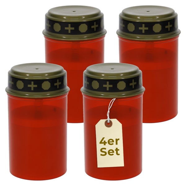 Grablicht im Set mit 4 Stück, rotes Kunststoffgehäuse, olivgrüner Deckel mit Kreuz- und Oktogon-Verzierung.