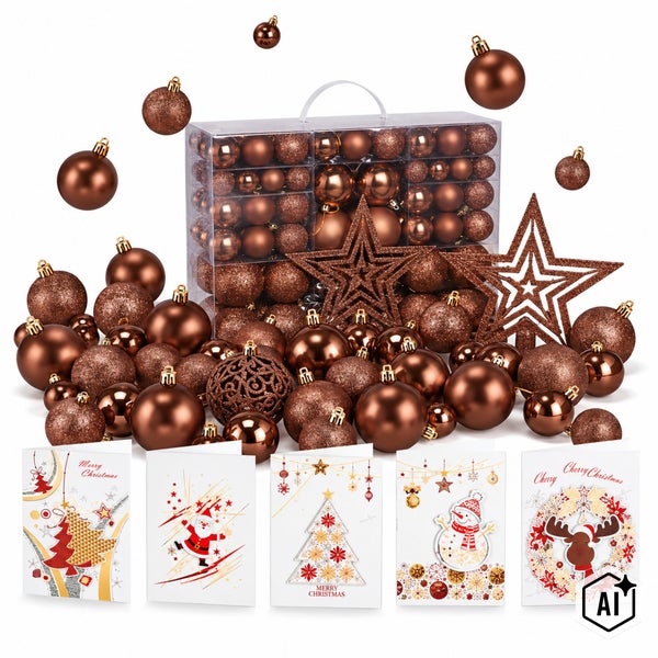Set aus braunen Weihnachtskugeln in verschiedenen Oberflächen, zwei großen Sternen und fünf weihnachtlichen Grußkarten in einer Aufbewahrungsbox.