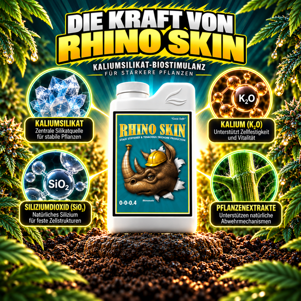 Produktinformation Rhino Skin Kaliumsilikat Biostimulanz für stärkere Pflanzen zur Unterstützung der Zellstabilität und Abwehrmechanismen.