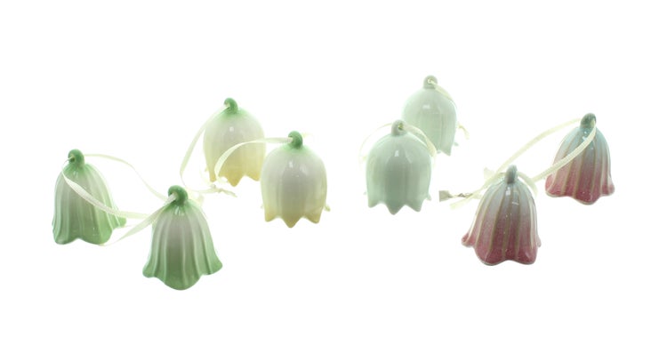 FRANK FLECHTWAREN|Hänger Blumenglöckchen, 8er Set, 4,5 x 4,5 x 5 cm, PORZELLAN, TEXTIL