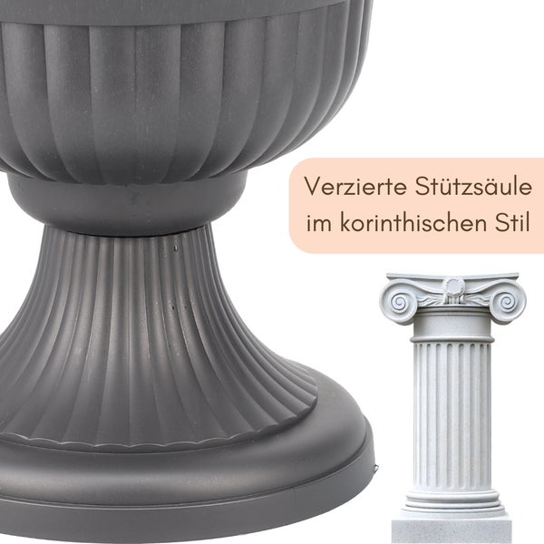 Pflanzpokal 2er Set aus Kunststoff in Anthrazit, eine Schale mit pinkfarbenen Blumen bepflanzt.