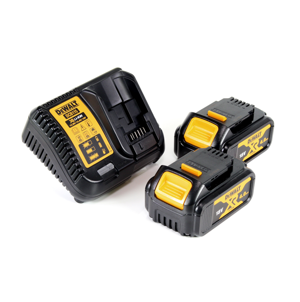 DeWalt Akku-Starter-Set bestehend aus einem Ladegerät und zwei 18 Volt Lithium-Ionen-Akkus mit einer Kapazität von 4,0 Amperestunden.
