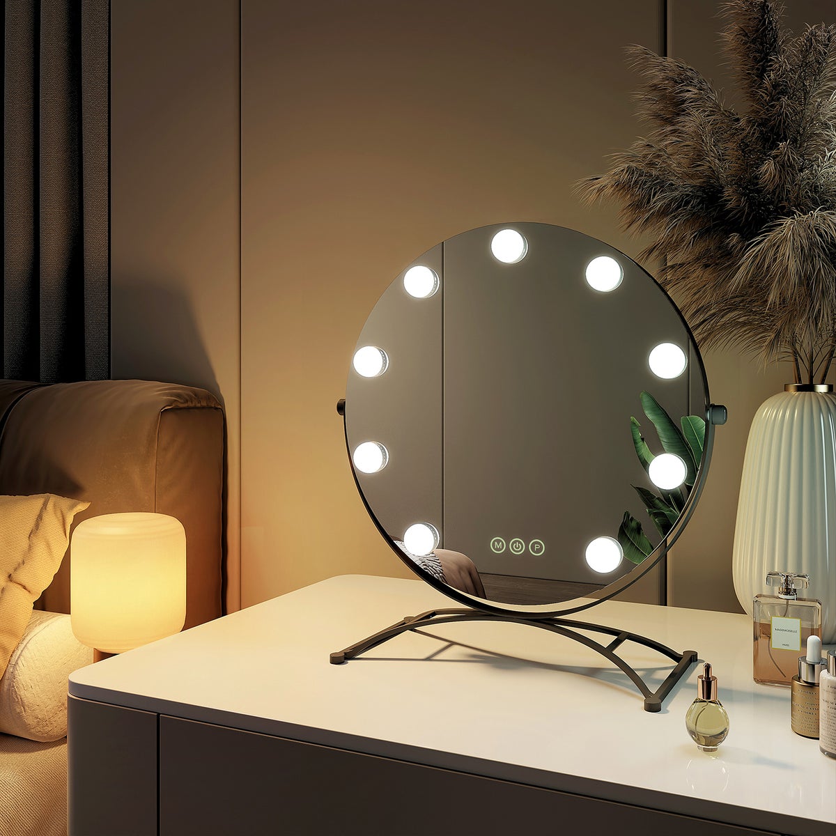 EMKE Runder Schminkspiegel Hollywood Spiegel mit Beleuchtung LED Tischspiegel, mit Touch, 3 Lichtfarben,9 Dimmbaren LED-Leuchtmitteln,7 x Vergrößerungs,Memory-Funktion, 360° Drehbar,Schwarz,40 cm
