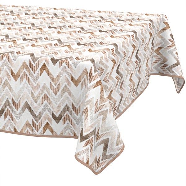 Rechteckige Tischdecke mit Zickzack-Muster in Braun und Beige sowie eingefasstem Rand.