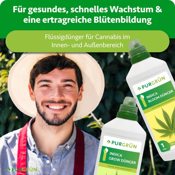 Ein lächelnder Mann mit Strohhut neben zwei Flaschen Purgrün Cannabis-Flüssigdünger für Wachstum und Blüte im Innen- und Außenbereich.